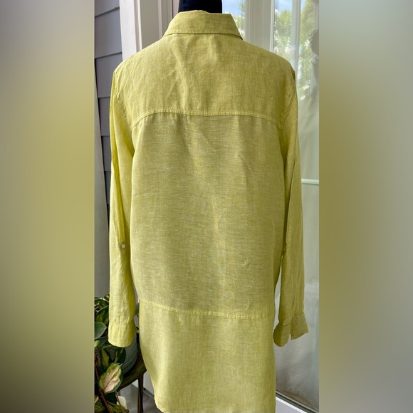Tahari 100% Linen Roll Tab Sleeves Shirt, vibrant yellowish green color Size L - Picture 3 of 7